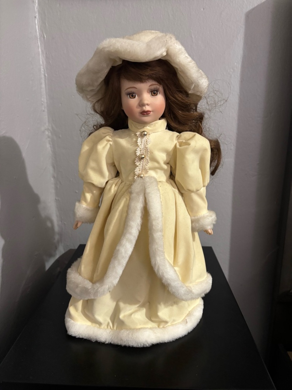 Yellow Porcelain Fashion Doll with White Fur Trim